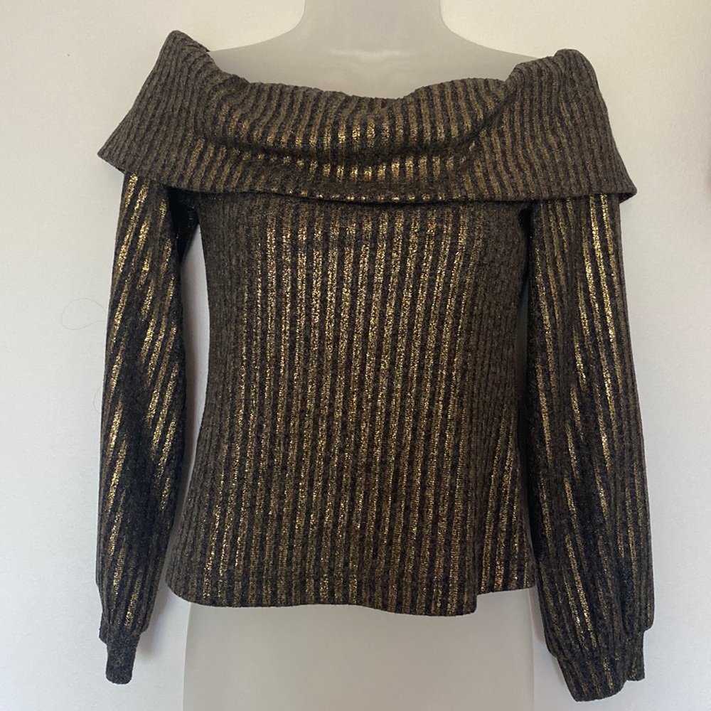 BCBGeration Size Small. Off the Shoulder gold shimmer striped sweater top:
